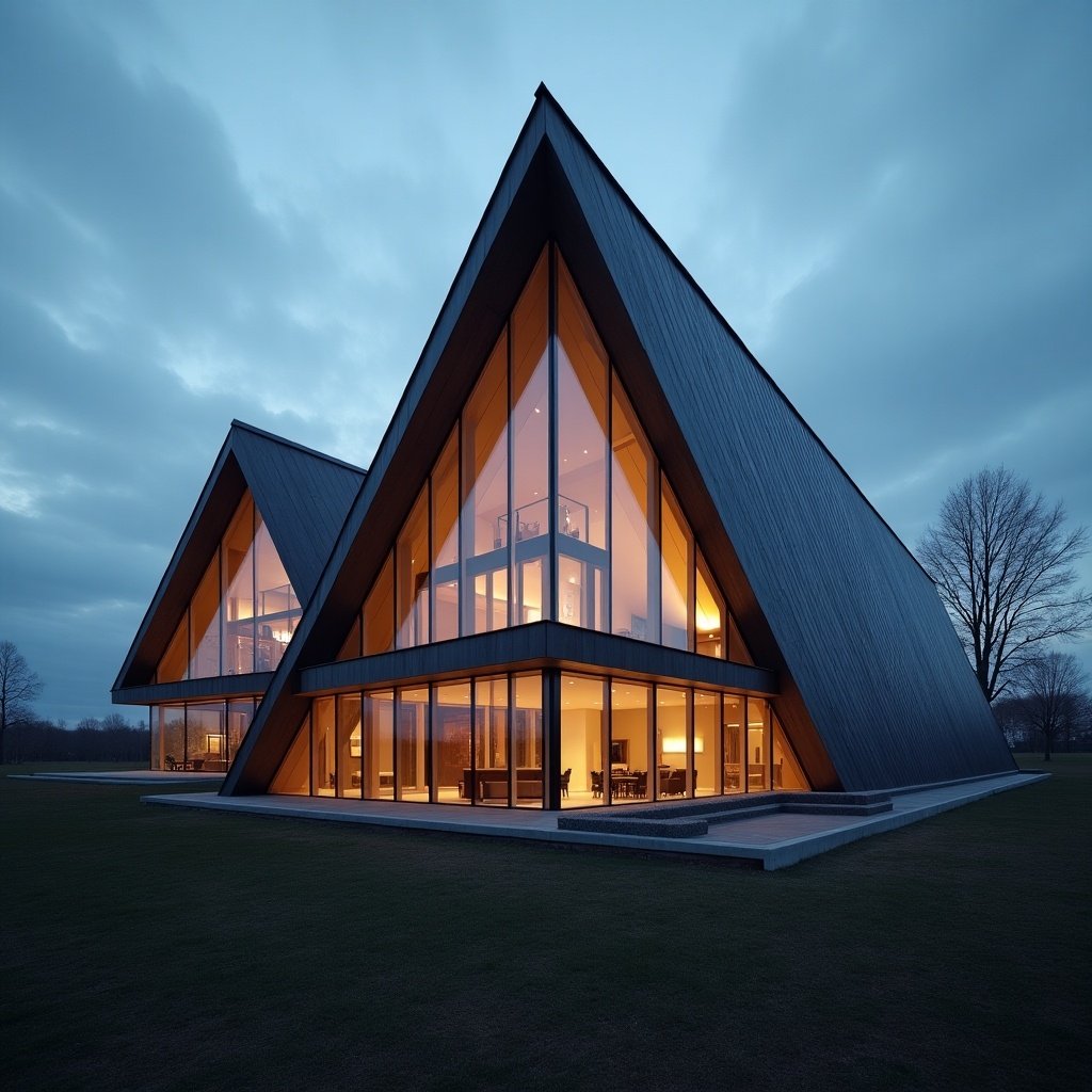 A modern, angular building stands out with its large triangular glass windows. The warm light from inside creates a cozy ambiance as evening falls. The building's sharp lines and geometric design are accentuated against the cloudy twilight sky. This architectural piece showcases contemporary elements combined with functionality. The surrounding landscape is simple, focusing attention on the striking structure.