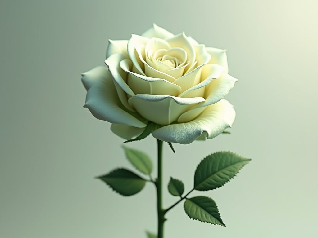 This image features a single white rose, beautifully captured against a softly blurred background, exuding a sense of purity and grace. The rose stands upright, its delicate petals perfectly formed and artistically illuminated, highlighting its elegant curvature and intricate details.