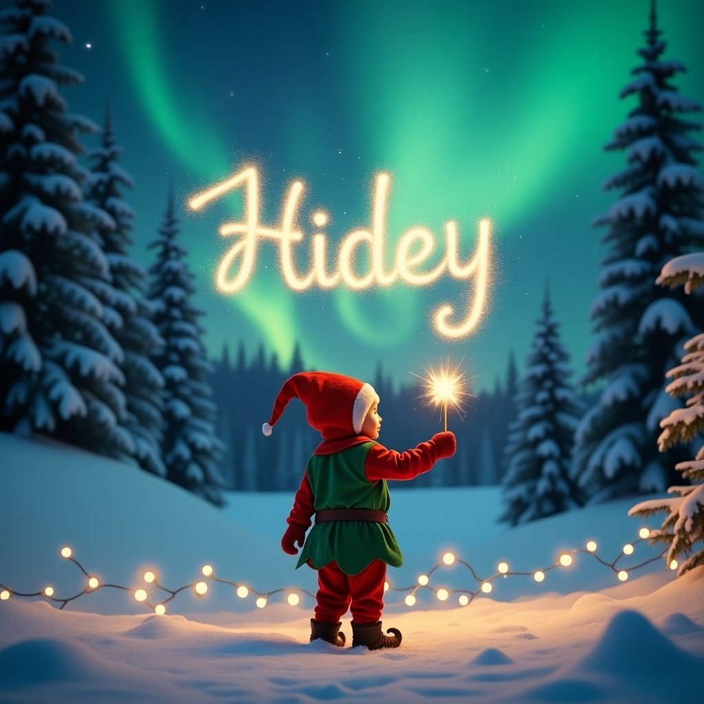 A child dressed in an elf costume stands in a snowy landscape with their back to the viewer. They are using a wand to spell out the name 'Hidey' in the sparkling air. Above them, the northern lights dance beautifully in the sky. The foreground is adorned with gentle twinkling lights, creating a warm and inviting atmosphere. The surrounding trees are blanketed in snow, enhancing the winter wonderland feel. This scene captures the essence of holiday cheer and magic.