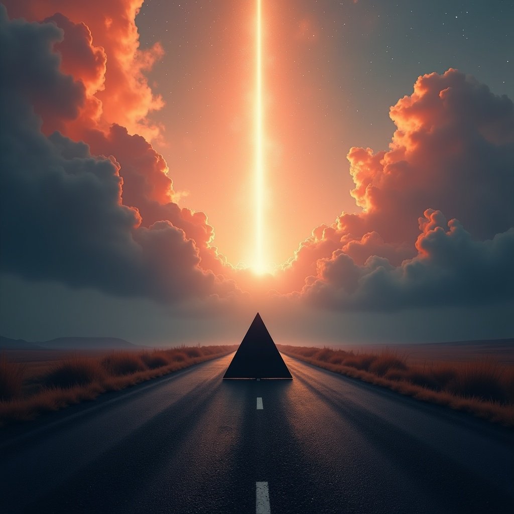 The image depicts a black triangle (base down) standing on a dark road leading towards a bright, illuminated flux of energy rays emerging from the clouds above. The landscape is surreal with a blend of vibrant orange and deep blue colors. The road stretches into the distance, guiding the viewer's eyes towards the light. The clouds are filled with vibrant shades of red and pink, enhancing the mystical atmosphere. It evokes feelings of hope, guidance, and a journey towards enlightenment. This artwork combines elements of fantasy and symbolism.