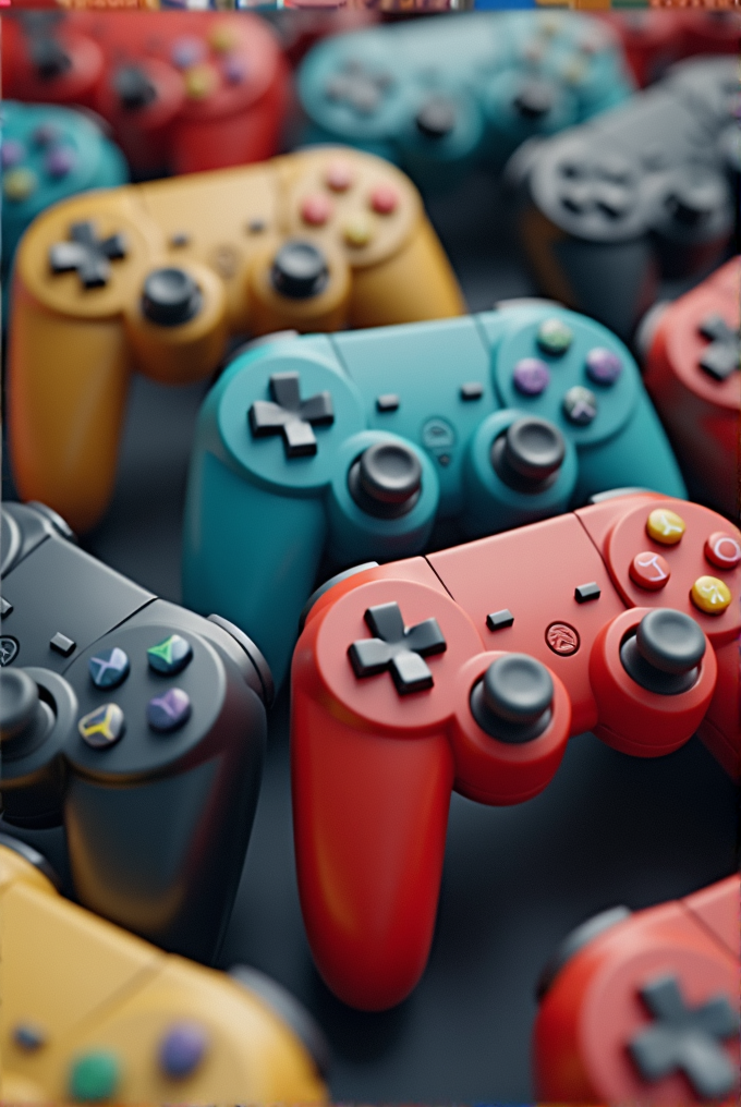 A collection of vividly colored game controllers including red, turquoise, black, and yellow, each featuring distinct button colors, arranged closely together.