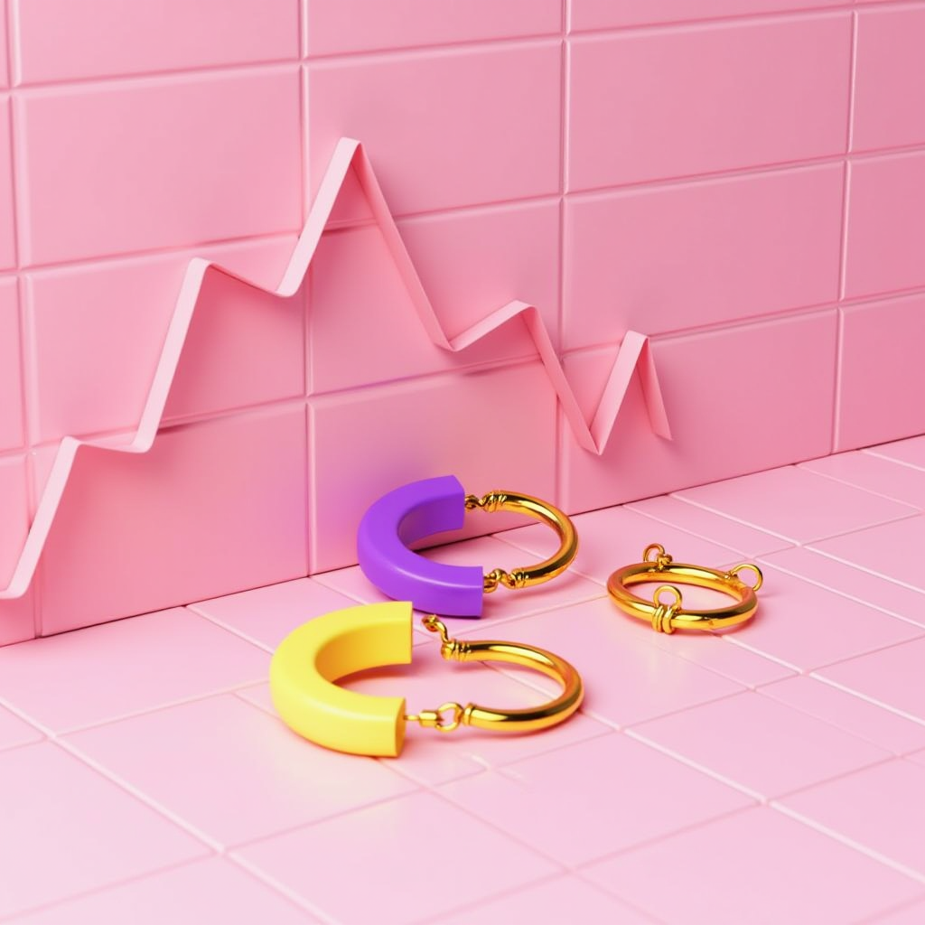 Golden hoop earrings with vibrant yellow and purple segments rest on glossy pink tiles alongside a jagged paper-like pink line on the wall, creating a playful and stylish scene.