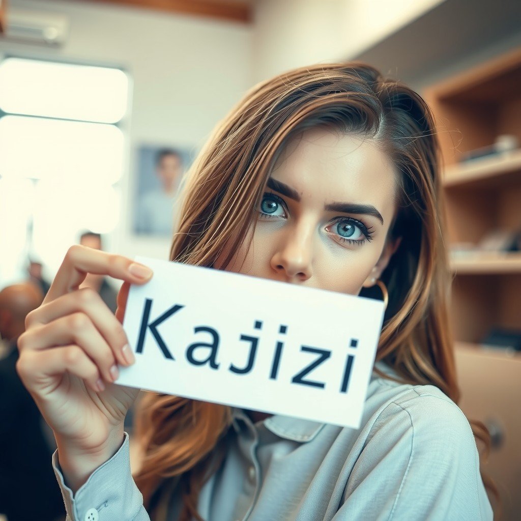 A person holding a sign with 'Kajizi' written on it, looking towards the camera.