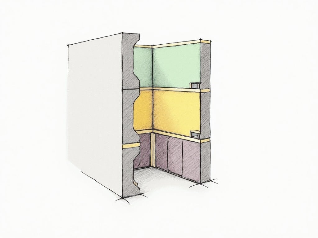 This image features a 2D cross-section of a decoupled wall illustrated in a basic pencil drawing style. The foundational wall is depicted at the base with a distinct outline. Above the main wall, staggered studs are shown, creating an air gap filled with rockwool insulation for soundproofing properties. On the other side of the studs, two colored layers are represented: one is a vibrant yellow, and the other appears in a mild green hue, enhancing the visual interest of the structure. The overall design captures both the technical aspects and aesthetic considerations in wall design.