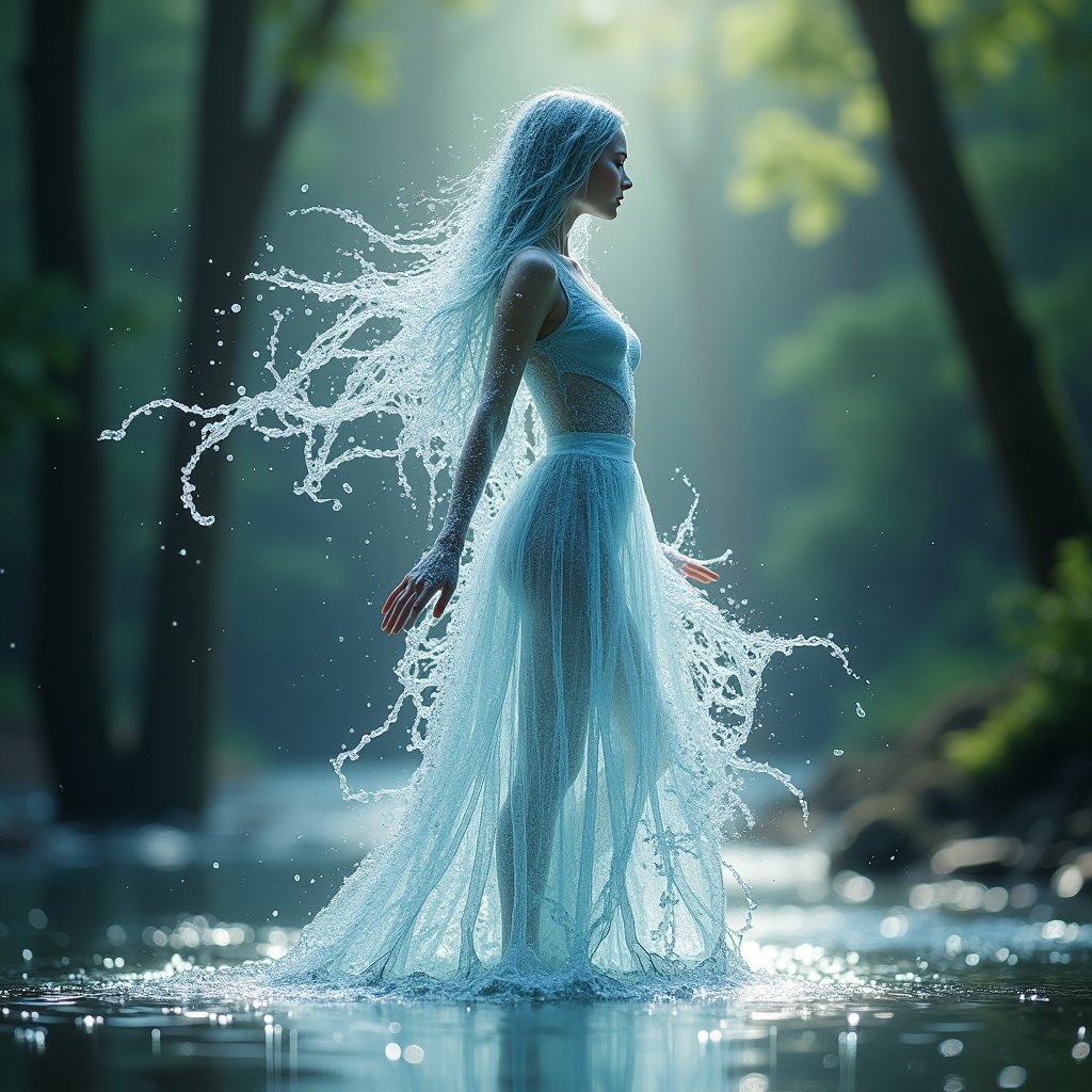 Ethereal Cascade is an enchanting scene featuring a transparent figure formed by splashes of water. The figure stands gracefully in a natural setting. Their long hair flows like water droplets, cascading smoothly down their back. The blurred background shows soft, filtered light through trees, contributing to the mystical atmosphere. The ghostly nature of the figure adds an element of magic to the image.