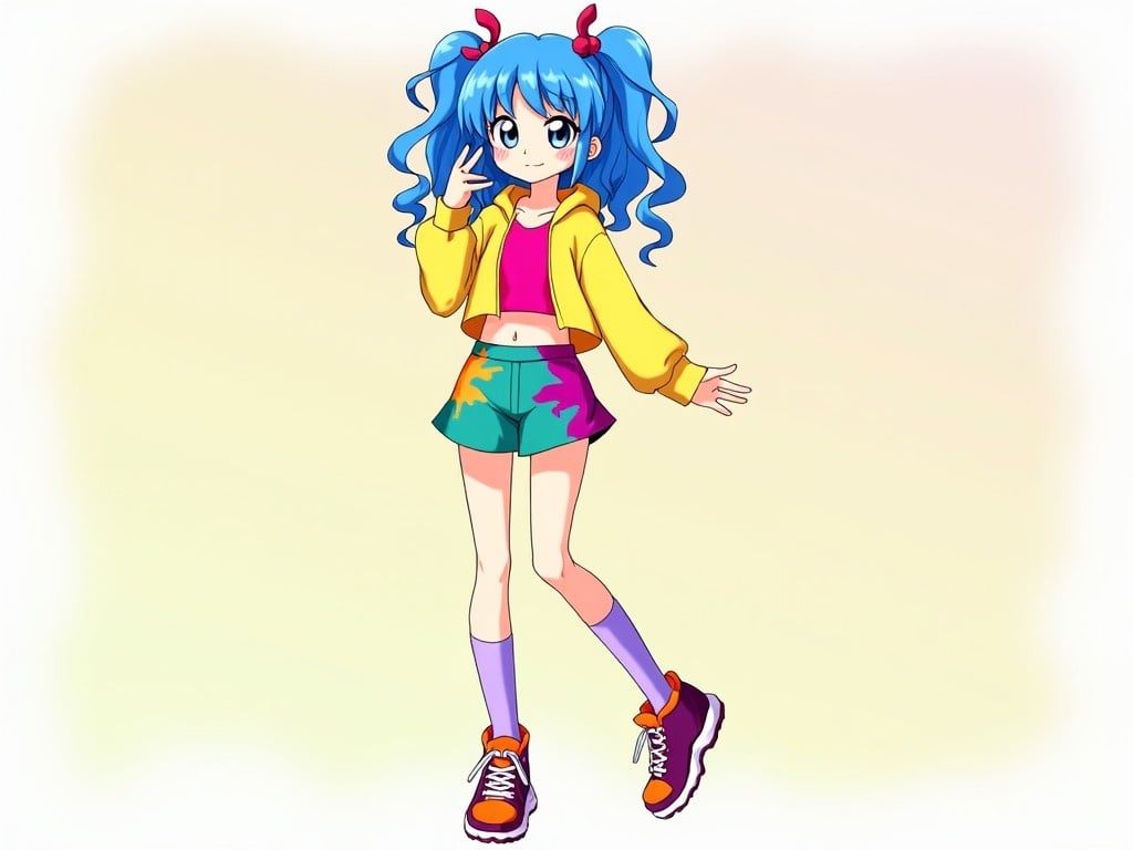 This illustration features a vibrant anime character with vivid blue hair styled in carefree curls. She wears a sunny yellow cropped hoodie layered over a neon pink tank top, paired with teal-green shorts splashed with magenta and orange designs. Completing her bright look are lavender knee-high socks and chunky, multicolored sneakers. The character stands in a playful pose, suggesting friendliness and approachability. The background boasts a soft, pastel color palette, enhancing the cheerful ambiance of the image. Overall, the art captures the essence of kawaii culture, showcasing an eclectic and youthful fashion style.