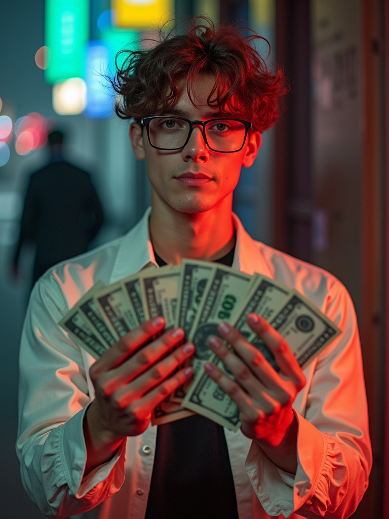 A young person with curly hair and glasses holds a fan of dollar bills under vibrant red and blue neon lights in an urban setting.