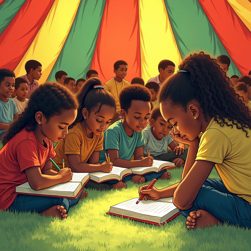 Children engaged in writing under a vibrant tent canopy, filled with warm sunlight.