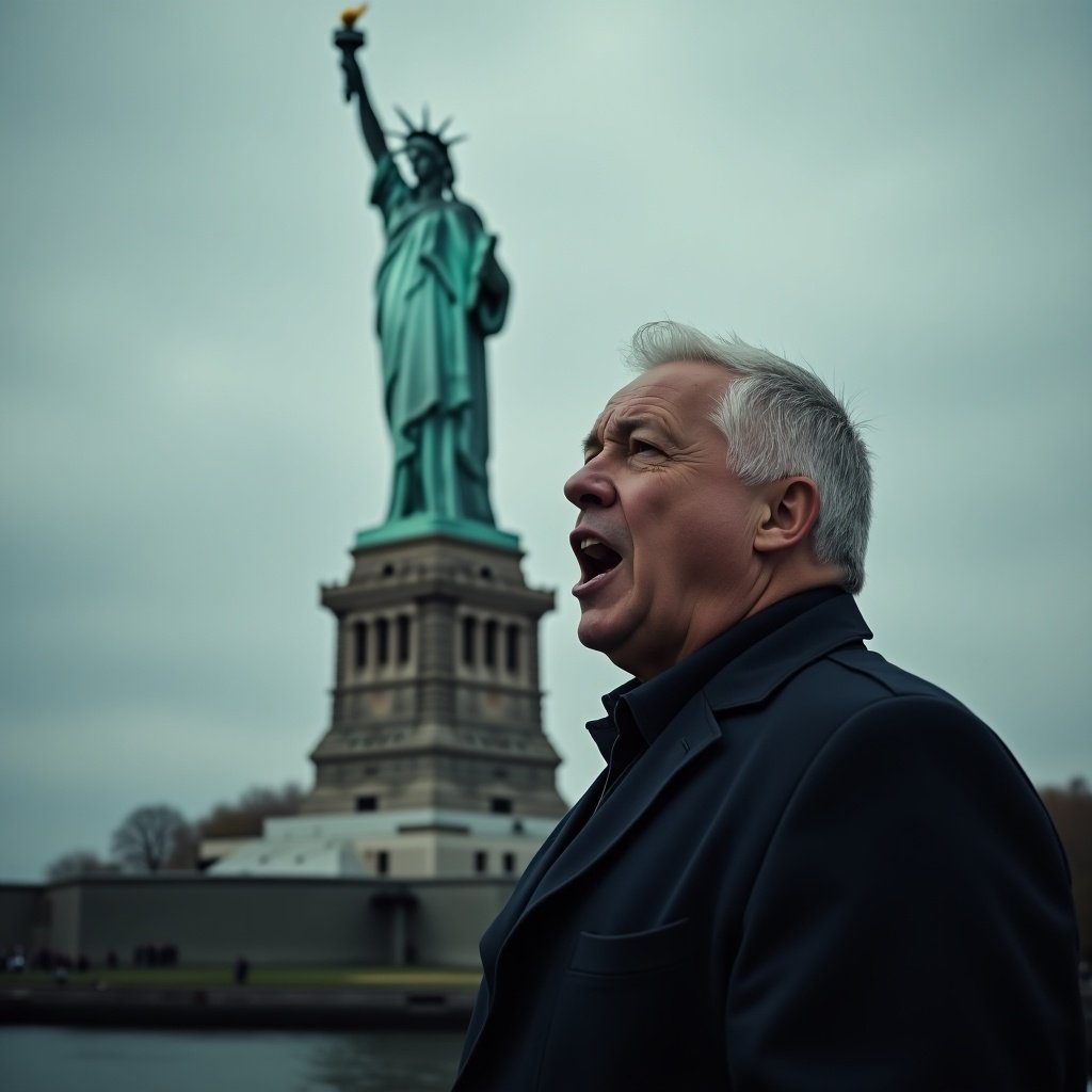 The image captures a dramatic scene with a man vividly expressing his political feelings in front of the Statue of Liberty. The backdrop is filled with moody, overcast skies that contribute to the overall intensity. His expression highlights a profound fervor, embodying strong emotions related to politics. The Statue of Liberty stands tall, symbolizing freedom and democracy amidst the tense political climate. This hyper-realistic portrayal illustrates the current state of political discourse and its emotive power.