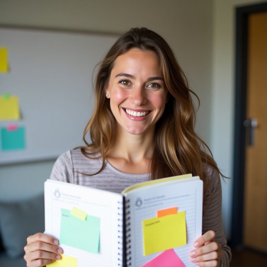 A smiling person holds a notebook filled with colorful sticky notes. The background features a clean, modern office environment with soft lighting. The person has long hair and a friendly expression, emphasizing positivity and organization. The sticky notes are various colors, suggesting creativity and a busy schedule. This image conveys a sense of motivation and approachability, ideal for educational or corporate materials.