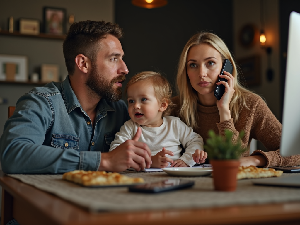 A family sitting at a dining table with pizza, the father is attentive to the child while the mother talks on the phone, all in a cozy, softly-lit room.