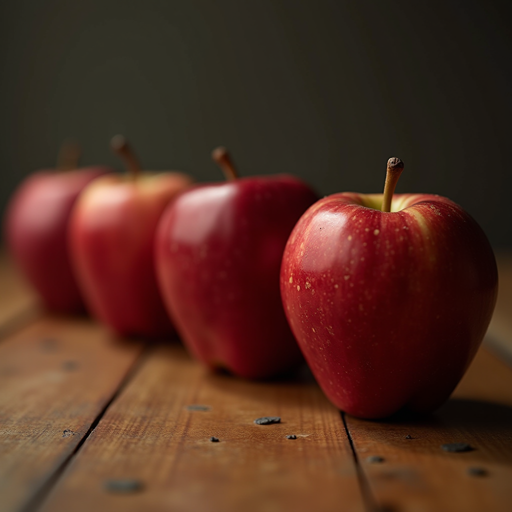 Four red apples are arranged in a row on a rustic wooden surface.