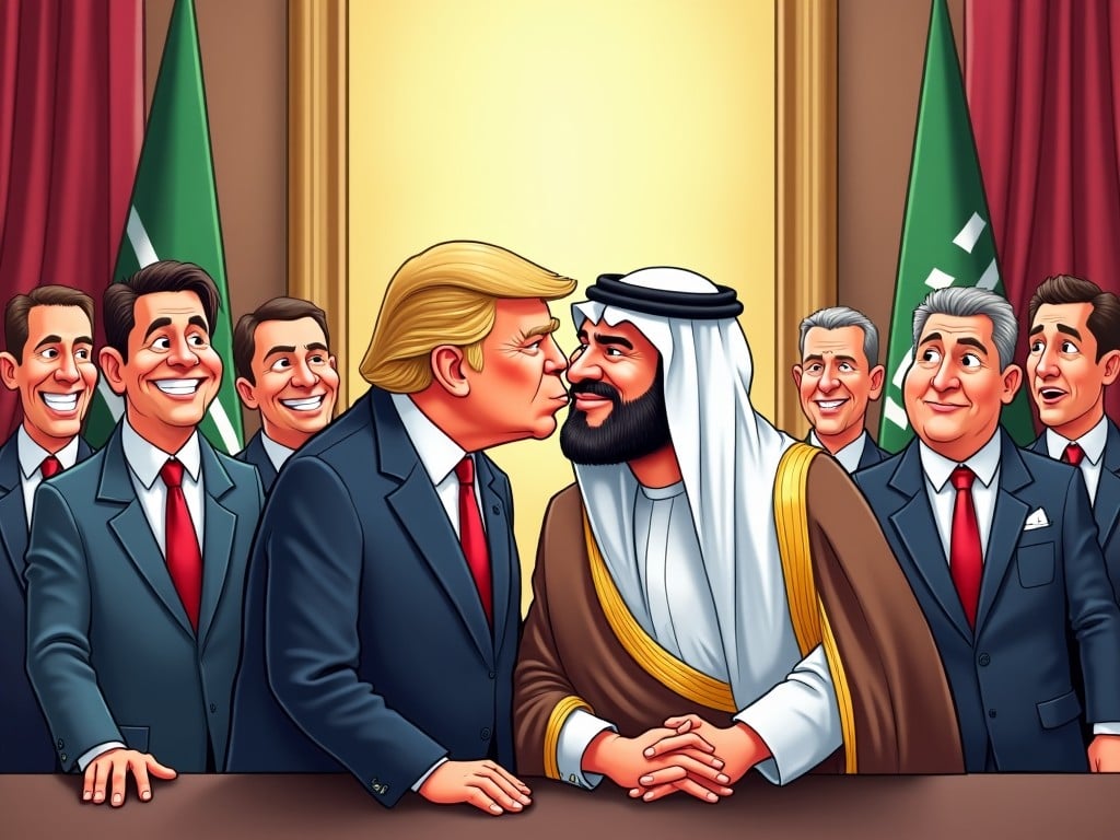 The image depicts two prominent political figures in a humorous context, showcasing a friendly interaction between them. One figure is styled like Donald Trump, while the other resembles a Middle Eastern leader. They are engaged in a handshake, symbolizing an alliance. Behind them, other smiling individuals represent their teams or advisors. The setting conveys a formal atmosphere but adds a light-hearted tone, suggesting camaraderie. The overall illustration has a cartoonish style, filled with vibrant colors and engaging facial expressions.