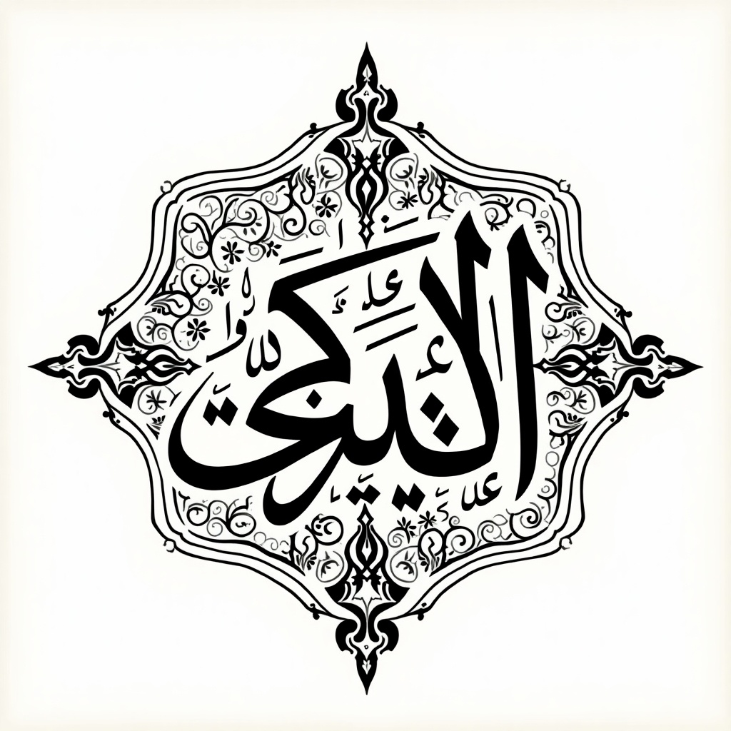 This image features intricate Arabic calligraphy, showcasing the phrase 'الإبدى'. The design is framed by decorative elements that enhance its elegance. The use of black and white color contributes to its classic appeal. The overall composition is symmetrical, drawing the viewer's attention to the central text. This artwork can serve as a beautiful representation of Islamic faith and artistry.