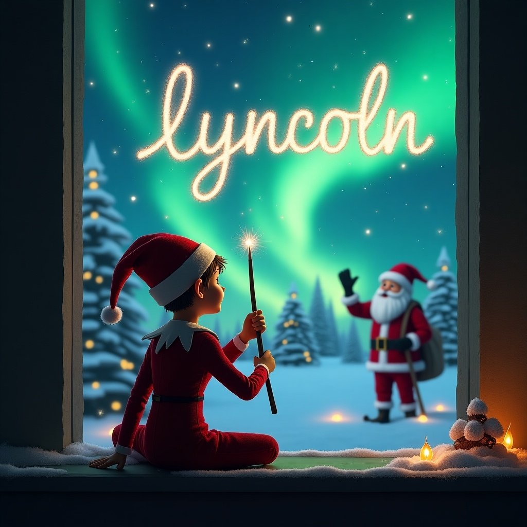 The image features an elf on the shelf with his back turned, sitting by a window. He is facing the night sky, using a magical wand to write the name 'Lyncoln' in the air. The background depicts a enchanting Christmas scene complete with vibrant northern lights and Santa Claus in the distance. Snow-covered trees are visible, creating a winter wonderland. The image captures the magic of the holiday season, filled with joy and wonder as the elf performs a charming act of holiday cheer.