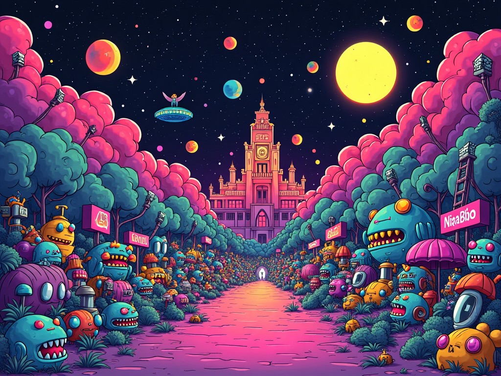 The image is a vibrant trillwave square illustration showcasing a whimsical landscape filled with colorful, cartoon-like monsters and robots. A towering, ornate building stands at the end of a path flanked by lush, pink trees. Various pop culture and video game references are subtly integrated throughout the scenery. Bright planets and a large sun hang in a starry night sky, enhancing the cosmic vibe. The entire scene is designed to evoke nostalgia and fun, combining elements of fantasy and futuristic aesthetics.