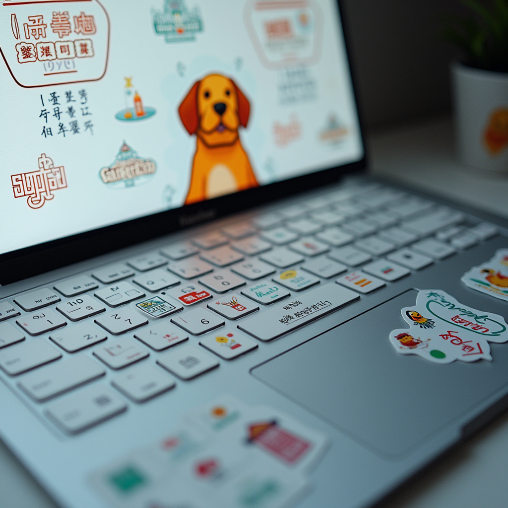 A laptop adorned with colorful cartoon stickers on the keyboard and screen, featuring a dog and playful designs.