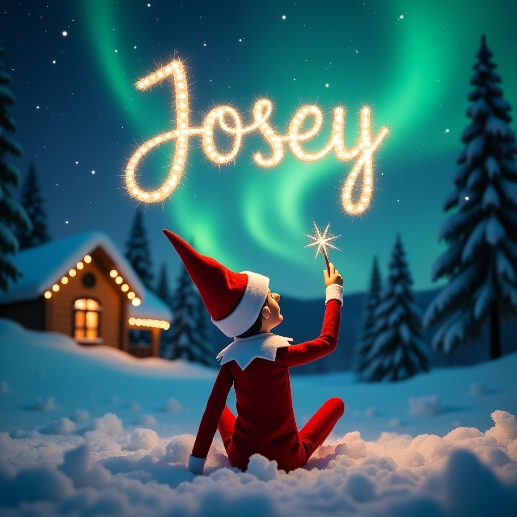 An elf on the shelf is seated on a snowy ground, with his back facing the viewer as he gazes upward. He holds a shimmering magic wand, enchanting the night sky. Above him, the name 'Josey' is written in elegant, sparkling letters amidst a backdrop of vibrant northern lights. The scene is magical, embodying the essence of Christmas, with soft snow covering the landscape. A cozy cabin is visible in the background, radiating warmth and festive spirit that captures the joy of the holiday season.