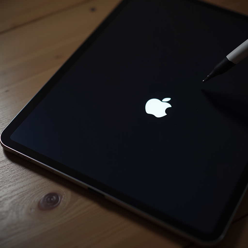 A digital stylus hovers over an Apple device displaying the Apple logo on a wooden surface.