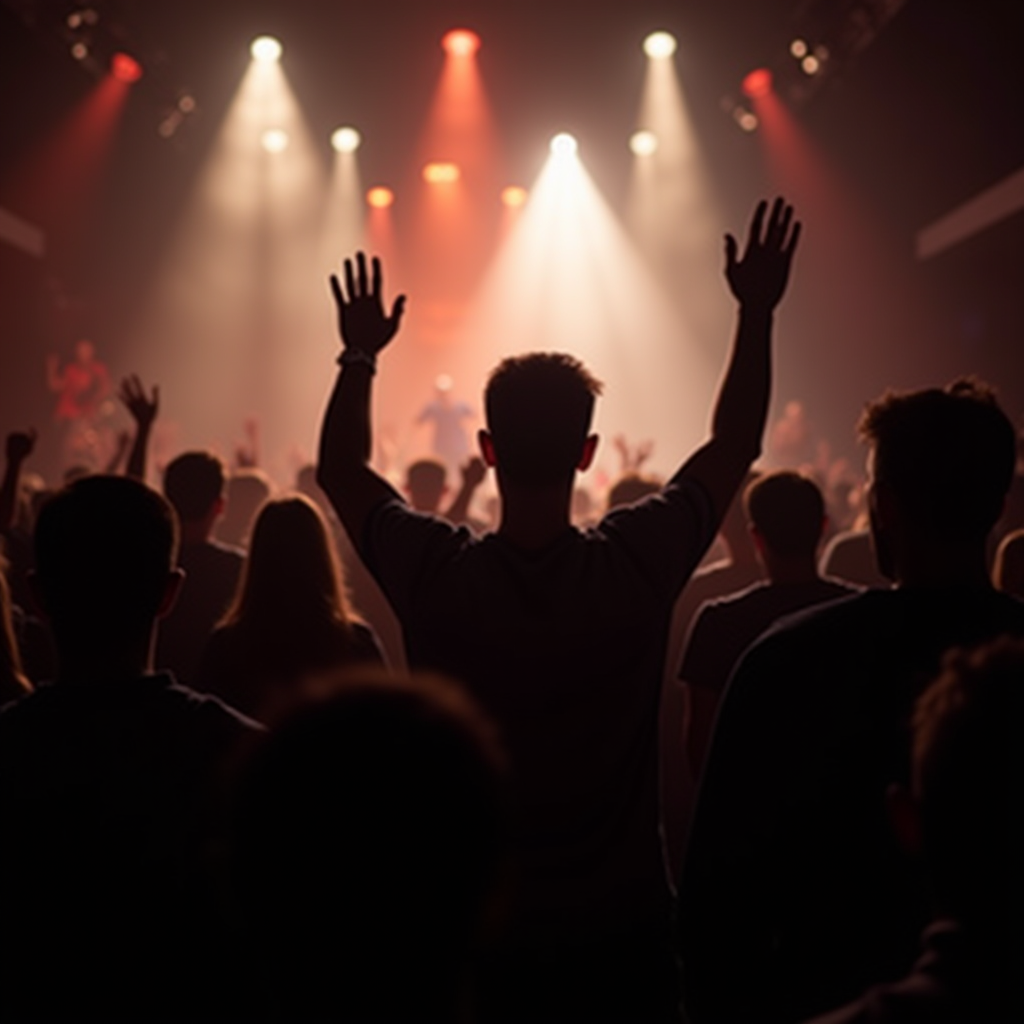 A lively crowd enjoys a concert with vibrant stage lighting.