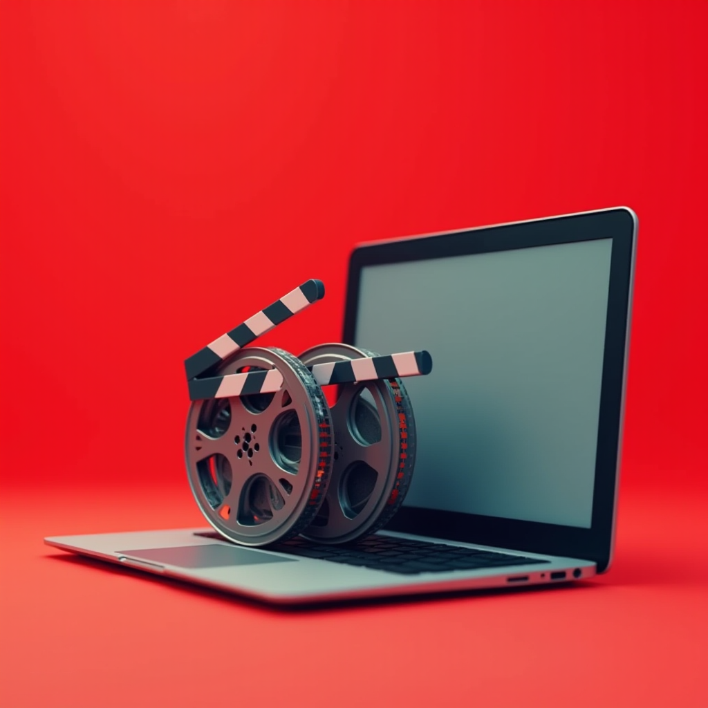 A laptop with film reels and clapperboard against a vivid red background represents digital filmmaking.