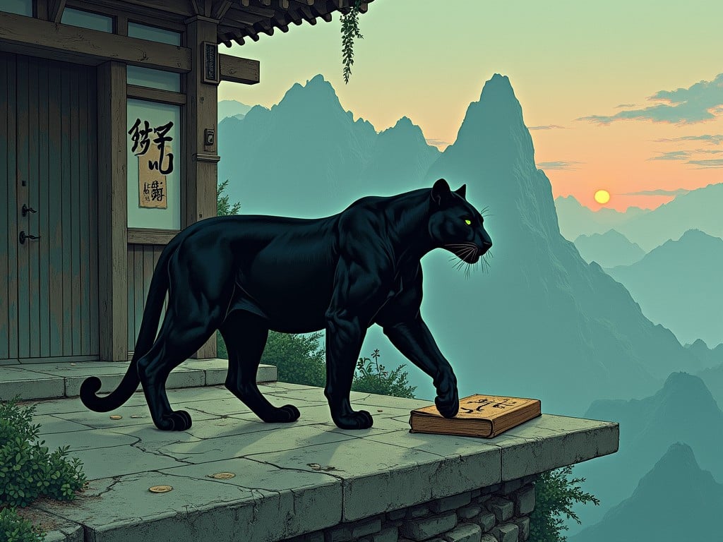 In a tranquil mountain setting, a sleek black panther stands gracefully on a stone platform in front of a wooden structure. It rests one paw atop a mysterious ancient book. The backdrop features misty mountain peaks under a softly glowing dawn, where the rising sun casts pastel hues across the sky. This artwork captures a sense of mystery and the intersection of nature and mysticism.