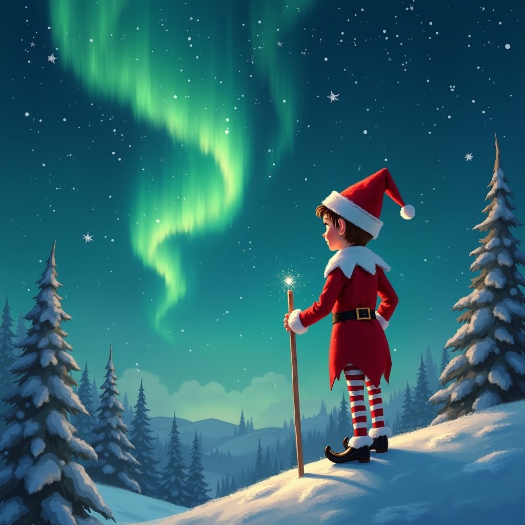 The image depicts a young boy dressed as an elf, standing on a snowy hillside. He gazes up at the enchanting northern lights illuminating the night sky. The elf holds a glowing stick, suggesting he is writing something in the sky. The scene is filled with evergreen trees that add to the wintery atmosphere. This holiday-themed artwork captures the magic and wonder of the Christmas season, ideal for festive storytelling.