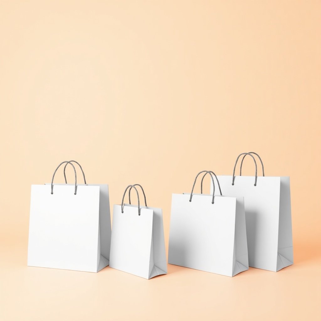 This image depicts four white paper shopping bags placed on a light peach background. The bags are arranged in a visually appealing manner, with different sizes creating a layered effect. Each bag features a simple design with handles, making them suitable for retail environments. The overall aesthetic is clean and minimalist, highlighting the bags effectively. This setting could be used for sale promotions, shopping campaigns, or e-commerce displays.