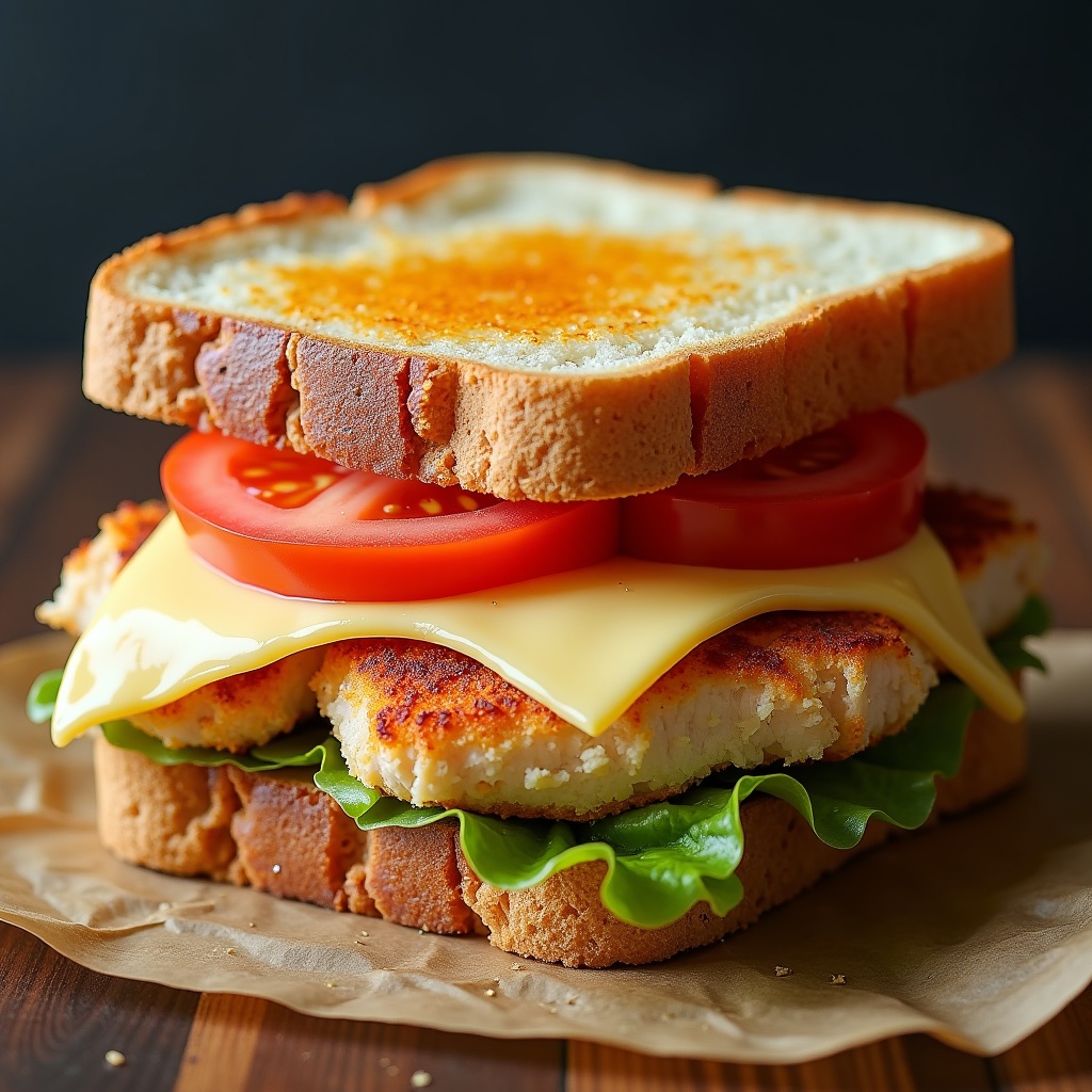 This image features a delicious sandwich filled with many pieces of chicken, melted white cheese, fresh slices of tomato, and crisp iceberg lettuce. The sandwich is candidly stacked between two slices of golden toast, showcasing its layers. The vibrant colors of the ingredients make it visually appealing and appetizing. The lettuce and tomato add a refreshing touch to the overall dish. This close-up shot captures the textures and enticing look of the sandwich, perfect for drawing in food lovers.