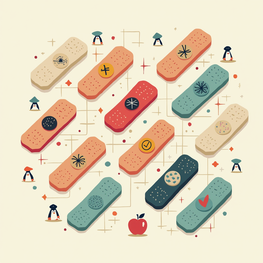 A whimsical illustration featuring colorful bandages with abstract symbols, surrounded by tiny penguins and geometric shapes on a cream background.