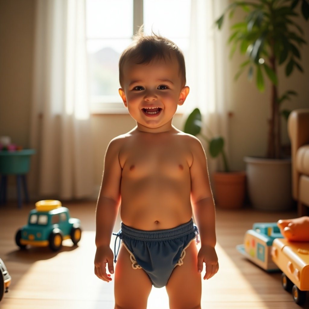 A young boy is standing in a cozy living room, wearing a ninjamas diaper. He has a big smile on his face, radiating joy. Sunlight streams in through a nearby window, casting a warm glow on the wooden floor. Surrounding him are scattered toys, showing that he has been playing. The overall atmosphere is inviting and cheerful, capturing the essence of a playful and carefree childhood.