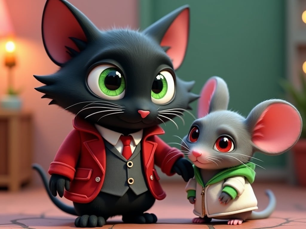 A cartoon depicts an evilish black cat with emerald-green eyes, dressed in a semi-formal red and grey suit. The cat has large expressive eyes and a sly smile, emphasizing its mischievous character. Next to it stands a short, cute mouse with grey fur and big red eyes, wearing a white hoodie with emerald-green accents. The scene is set in an inviting atmosphere, with soft lighting that adds warmth to the characters. The contrasting colors of their outfits highlight their unique personalities, making it a charming and playful illustration.