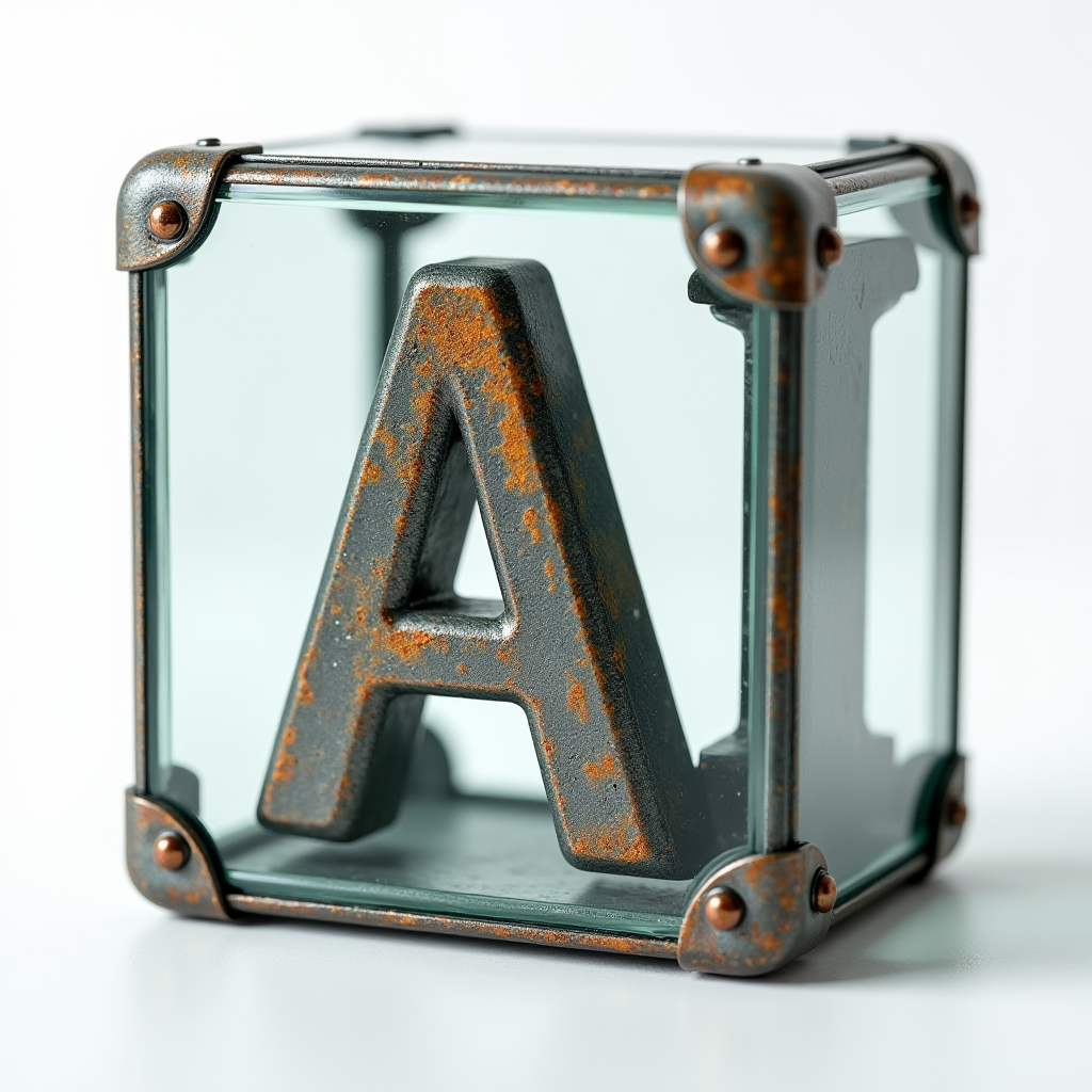 The image features a 3D cube showcasing the letter 'A'. This letter is encased within a clear glass cube, which has metal edges reinforced with riveted joints, adding an industrial charm to the design. The letter 'A' appears to be made of metal, complete with a weathered, rusted texture, giving it a vintage, rugged appearance. This combination of glass and metal creates a modern yet antiquated aesthetic, with a focus on both clarity and raw materiality.