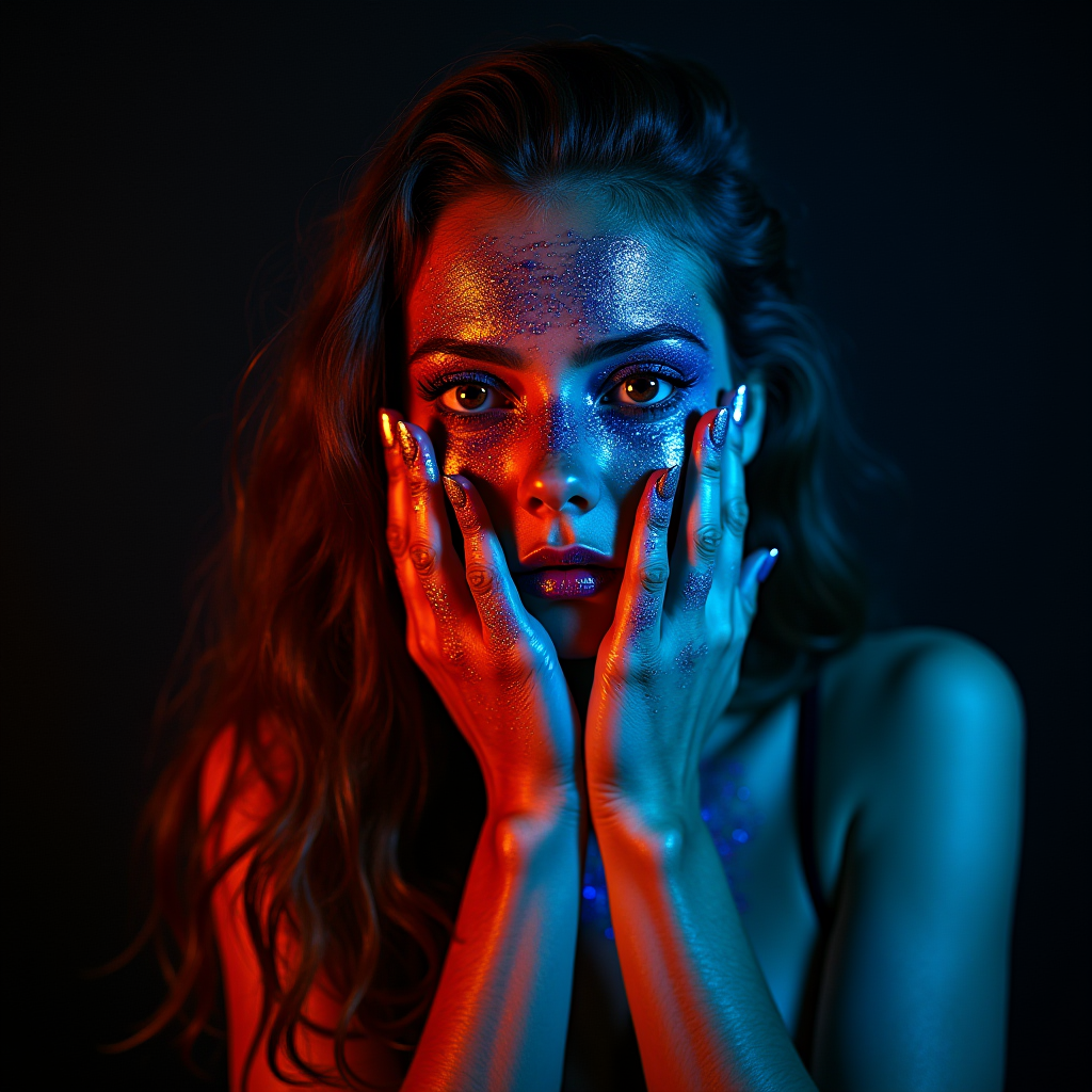 A woman with glittering makeup is illuminated by vibrant blue and red lighting.