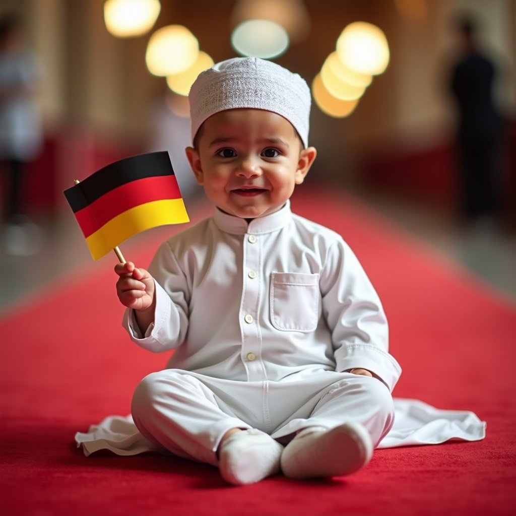 A young child in traditional attire, smiling and holding a small German flag while sitting on a red carpet.