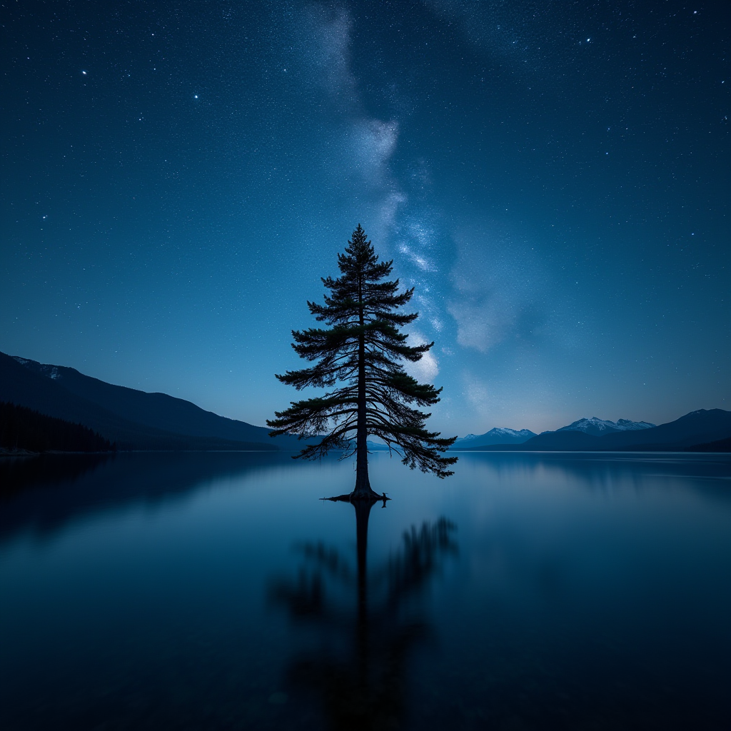 A solitary tree stands in calm water under a starry night sky.