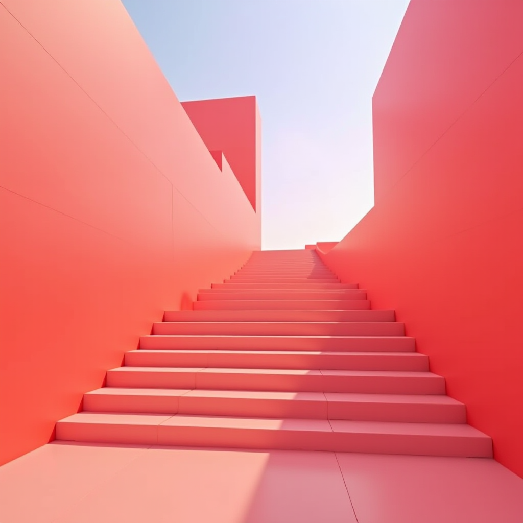 The image features a minimalist architectural design, characterized by a set of ascending red stairs. The stairs lead upwards, flanked by similarly red walls on both sides. The walls and steps share a uniform, vibrant red color, creating a bold and striking visual. The scene is lit by natural light, possibly indicating an outdoor setting, with the sky visible at the top, suggesting the stairs lead up to an open space. The overall composition emphasizes symmetry and the interplay of light and shade across the geometric surfaces.