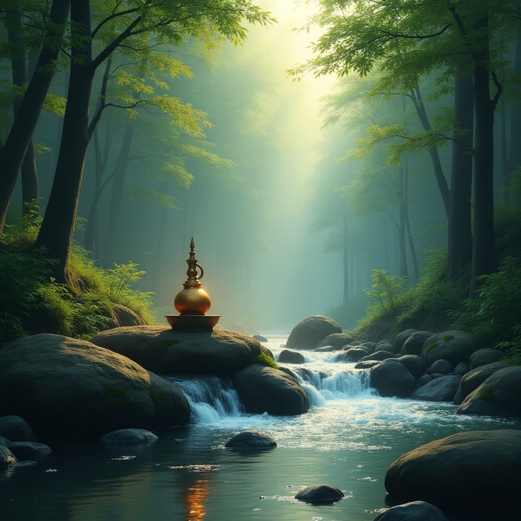 In a serene forest, a golden Shivling is placed on a smooth rock, surrounded by a gentle flowing river. The sounds of nature are alive with birds chirping in the background. Soft sunlight filters through the lush green trees, casting a peaceful glow over the landscape. Water cascades over the rocks, enhancing the tranquil atmosphere. This scene evokes a sense of spirituality and connection to nature, perfect for meditation and relaxation.