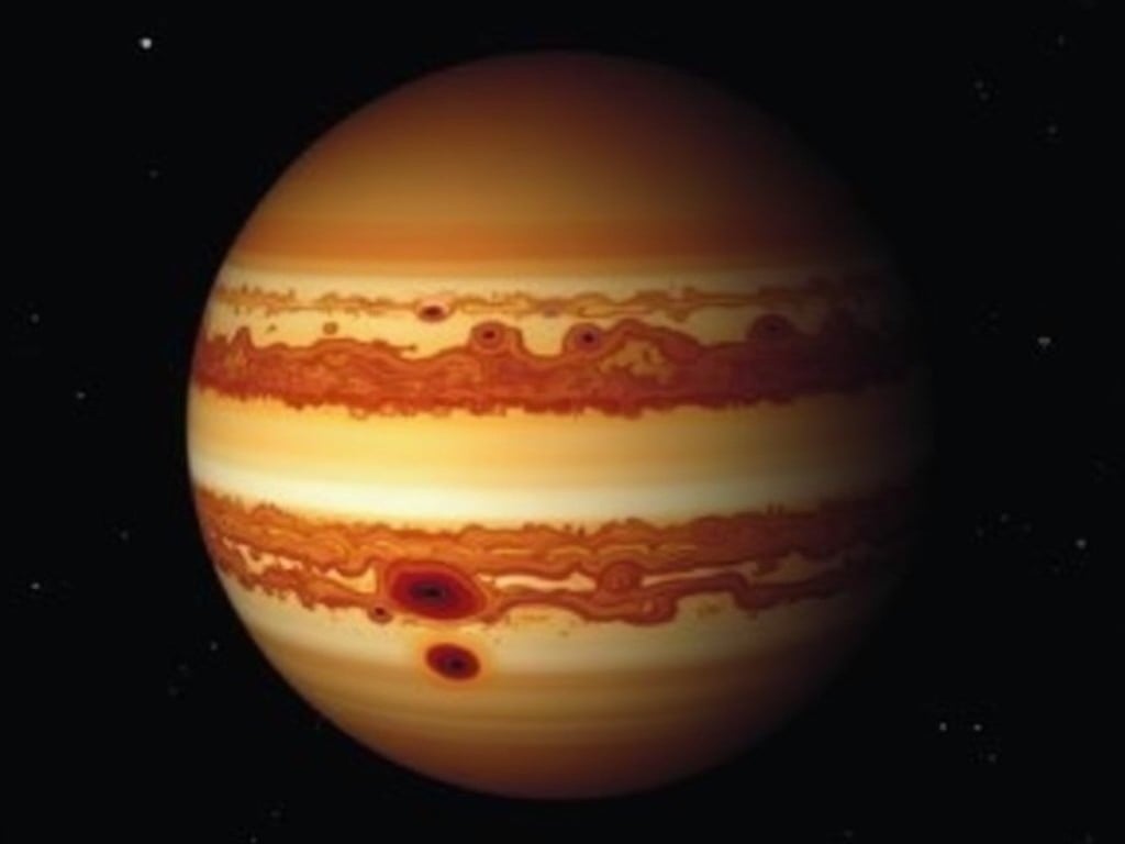 This image captures a detailed representation of a gas planet, likely Jupiter, with a beautiful array of distinct color bands. Prominent red spots can be seen, creating a striking feature against the planet's surface. The surrounding space is deep black, emphasizing the brightness and color of the planet. The texture of the gas bands is well-defined, imparting a sense of realism. This image serves as an excellent visual for educational purposes or aesthetic appreciation in astronomy.