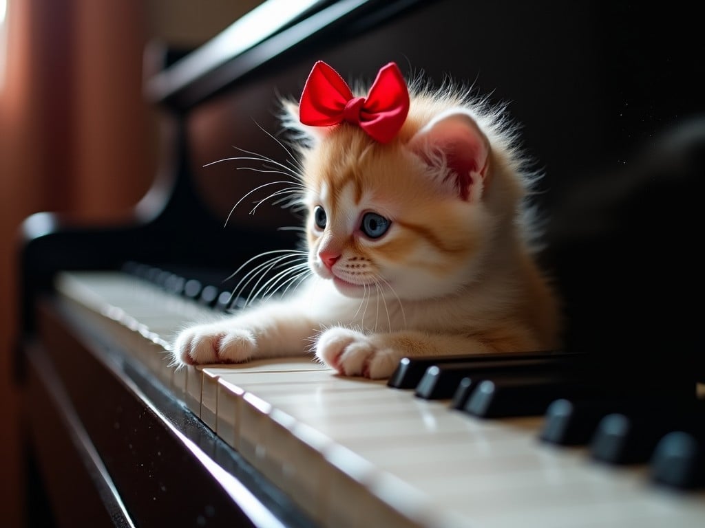 A fluffy orange kitten with a red bow sitting on a piano keyboard.