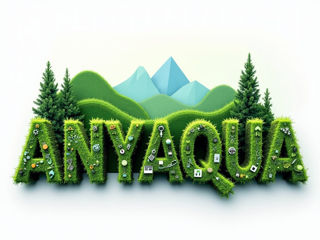 This image features the word 'ANYAQUA' formed from lush green foliage, symbolizing nature and sustainability. The letters are embedded with various small symbols representing technology and science, set against a backdrop of stylized mountains and trees. The image combines elements of digital technology with a strong environmental theme.