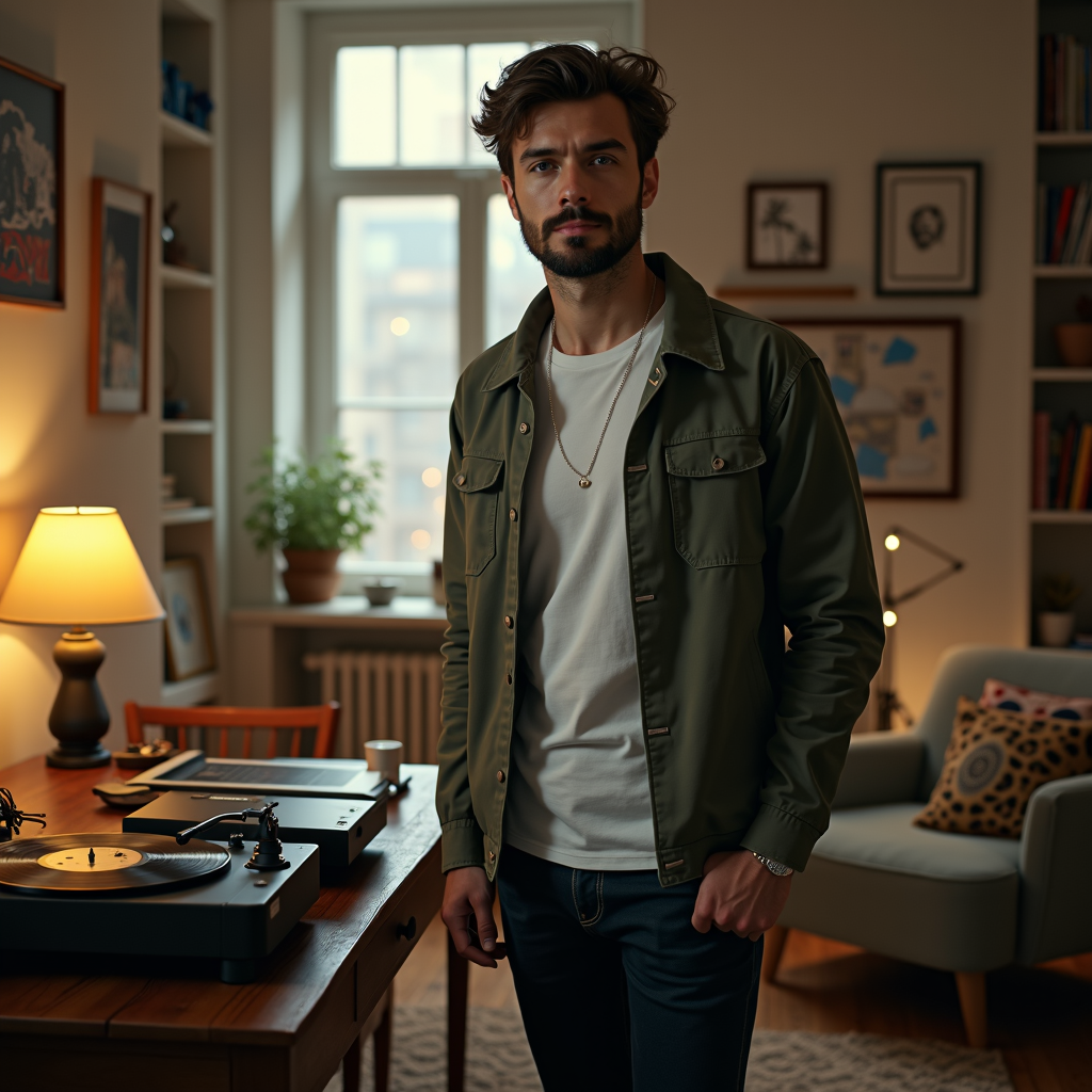 A stylish man stands next to a record player in a cozy, warmly lit room.