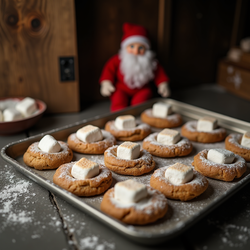 A tray of cookies topped with marshmallows, with a small Santa Claus figure in the background.