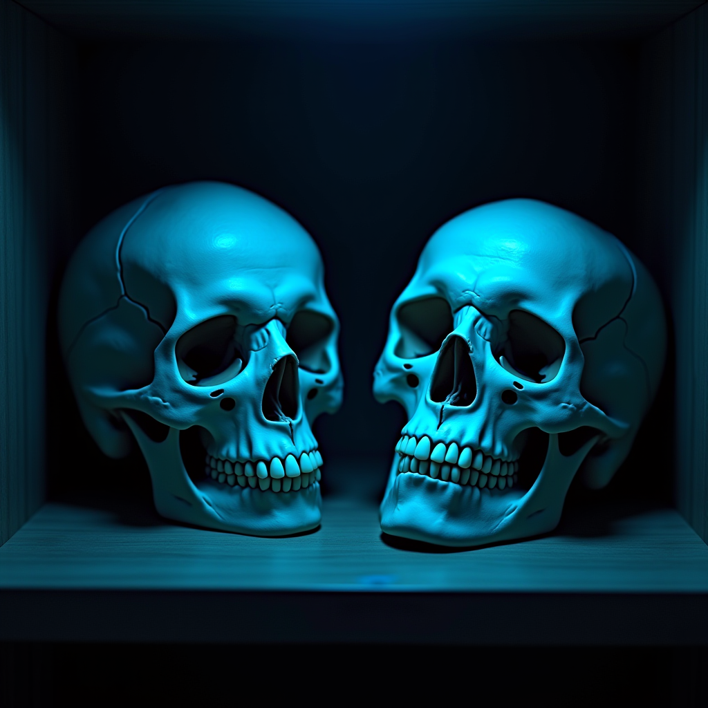 Two realistic skulls are illuminated by an eerie blue glow in a dark, shadowy setting.