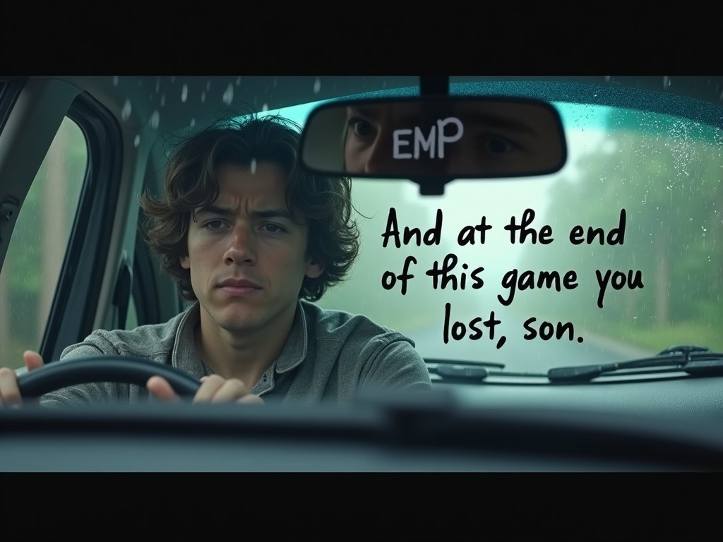 A young man driving a car, looking serious, with a message written in the image: 'And at the end of this game, you lost, son.'