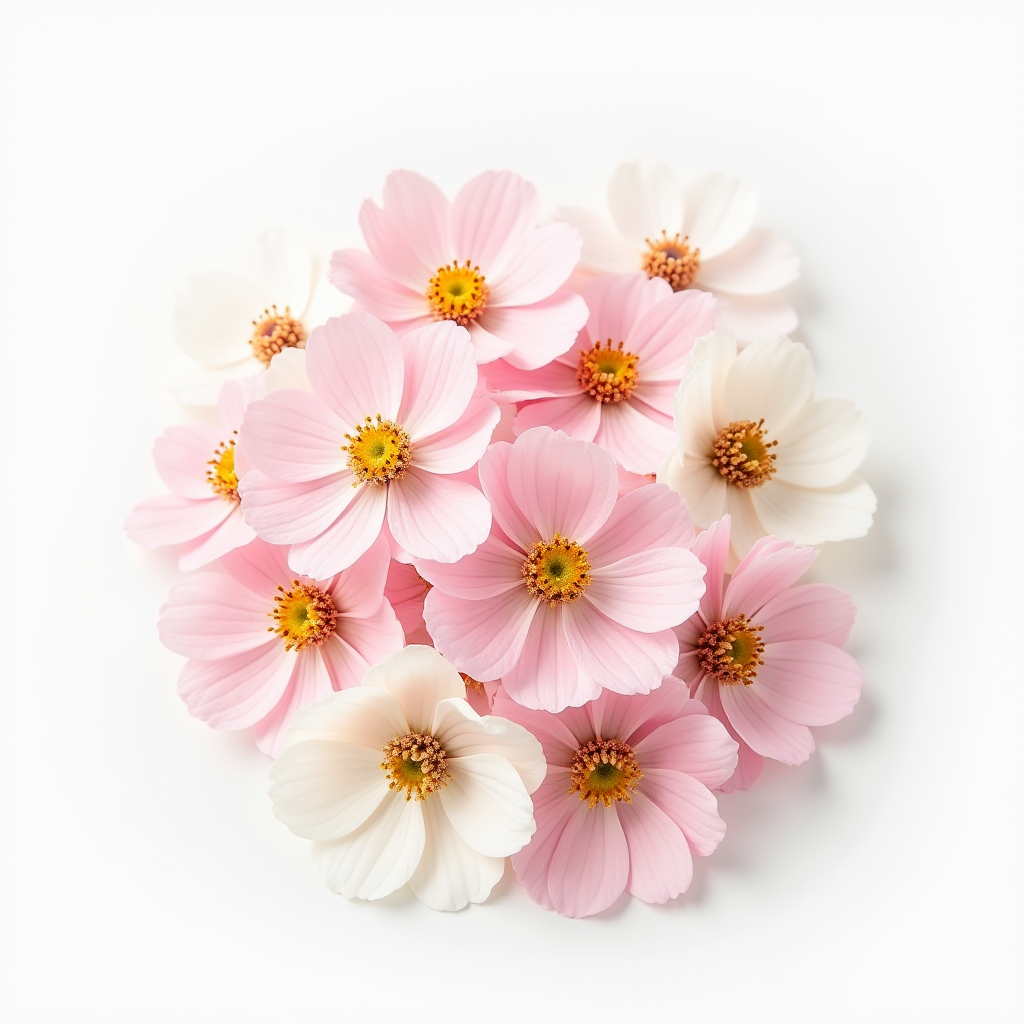 A cluster of delicate pink and white cosmos flowers with vibrant yellow centers against a pure white background.