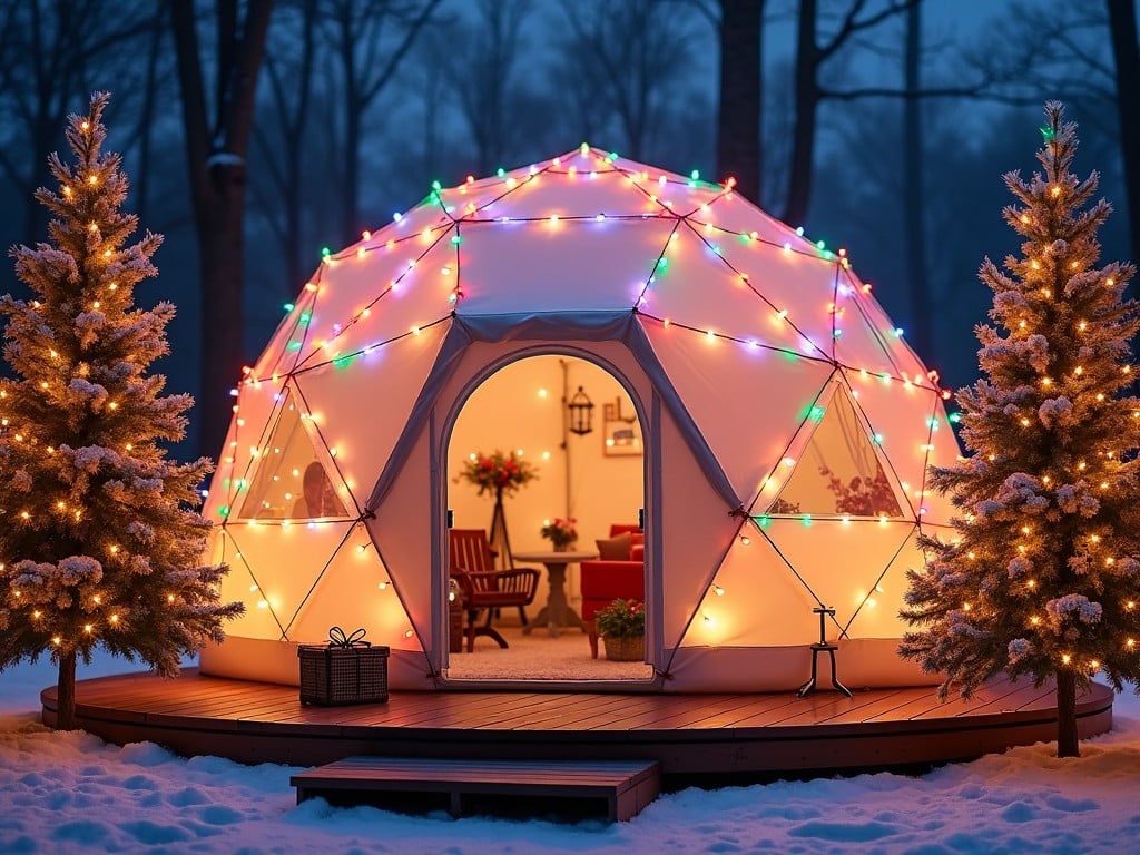 The image depicts a charming dome-shaped structure beautifully decorated with colorful Christmas lights. Surrounded by snow-covered trees, the dome stands out against the wintry landscape. The entrance invites viewers in, showcasing a warm and inviting interior. This scene evokes a cozy and festive atmosphere, perfect for the holiday season. The combination of the geometric design and seasonal decorations illustrates a modern yet classic winter retreat.