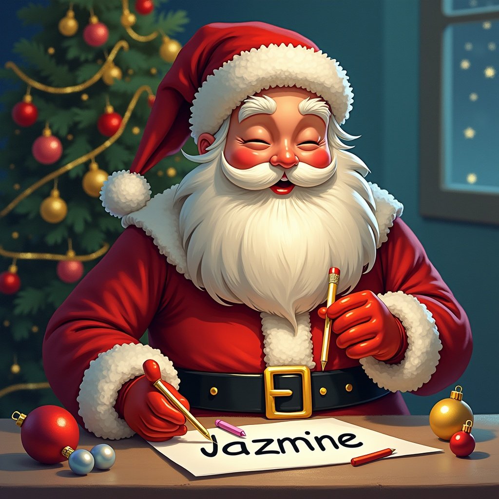 In a festive, cozy room, Santa Claus is seated at a beautifully decorated table, drawing names on Christmas baubles. A cheerful child, wearing a matching red outfit, is sitting closely beside him, watching in excitement. The warm glow of the room, adorned with a decorated Christmas tree filled with colorful ornaments, enhances the joyful atmosphere. Gift boxes and holiday treats are scattered around, adding to the festive ambiance. Santa is focused on writing names like 'Kelsi', 'Jazmine', and 'Lottie' on the baubles, creating a magical moment of holiday cheer.