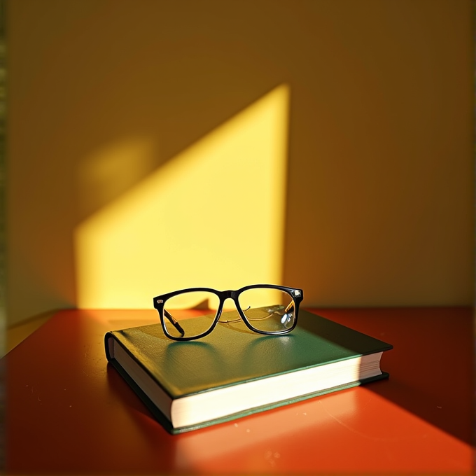 A pair of glasses rests on a closed book, bathed in warm sunlight, casting shadows on a yellow and red surface with a geometric pattern.