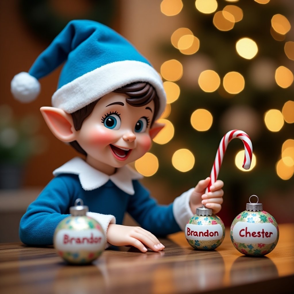 A charming Christmas elf dressed in cheerful blue attire is writing names on festive decorations. The elf has an expressive, playful demeanor, and is seated at a wooden table surrounded by holiday cheer. Brightly colored ornaments are present, featuring names such as Brandon and Chester. In the background, a beautifully lit Christmas tree with twinkling lights sets a warm atmosphere. The elf joyfully holds a red and white candy cane, enhancing the playful, festive scene. This image encapsulates the excitement and warmth of the holiday season.